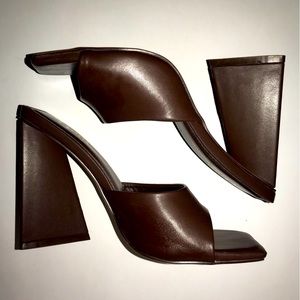 Brown Leather Slip On Square Toe Chunky Heels